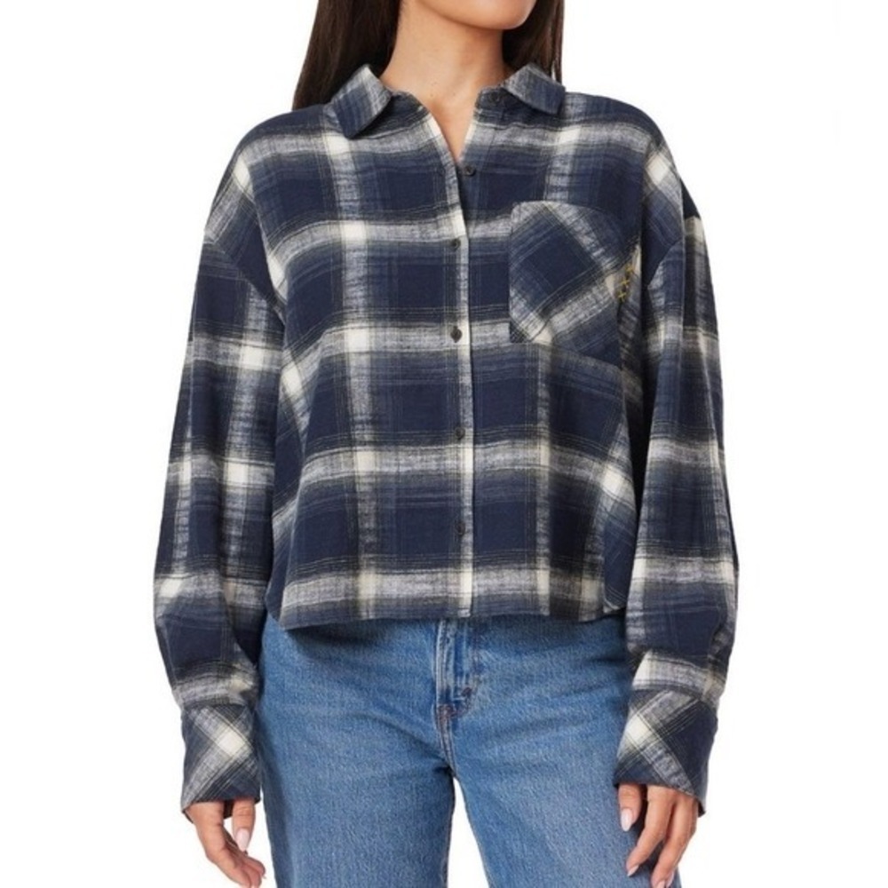Scotch & Soda Women Flannel Shirt Cropped Black Plaid Long‎ Sleeve Button Up XXL